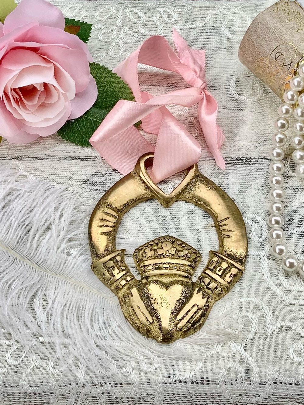 Gold Claddagh Heart Pendant with Pink Ribbon